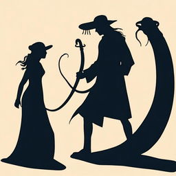 An image showing the shadow of a man holding a sword on the right side and the shadow of a woman with a snake on the left side