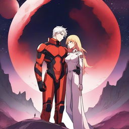 A red moon space sci-fi manhwa romance scene featuring a couple, one human and one alien, under a glowing red moon
