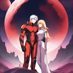 A red moon space sci-fi manhwa romance scene featuring a couple, one human and one alien, under a glowing red moon