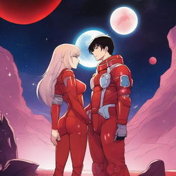 A red moon space sci-fi manhwa romance scene featuring a couple, one human and one alien, under a glowing red moon