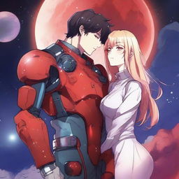 A red moon space sci-fi manhwa romance scene featuring a couple, one human and one alien, under a glowing red moon