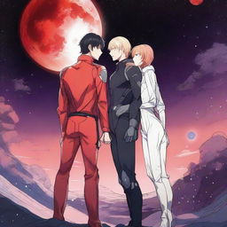 A red moon space sci-fi manhwa romance scene featuring a couple, one human and one alien, under a glowing red moon