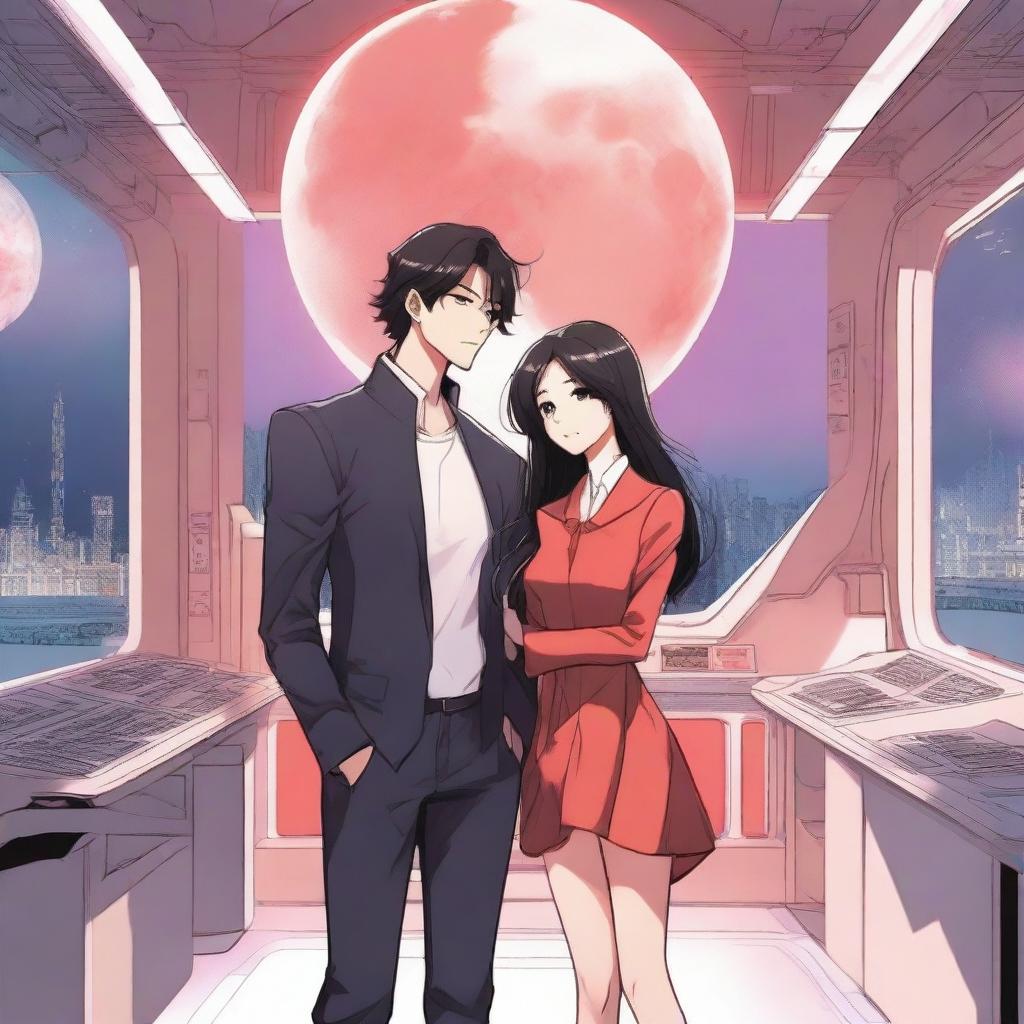 A red moon space sci-fi manhwa romance scene featuring a couple in a futuristic space station