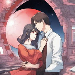 A red moon space sci-fi manhwa romance scene featuring a couple in a futuristic space station