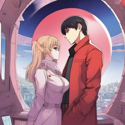 A red moon space sci-fi manhwa romance scene featuring a couple in a futuristic space station