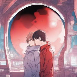 A red moon space sci-fi manhwa romance scene featuring a couple in a futuristic space station