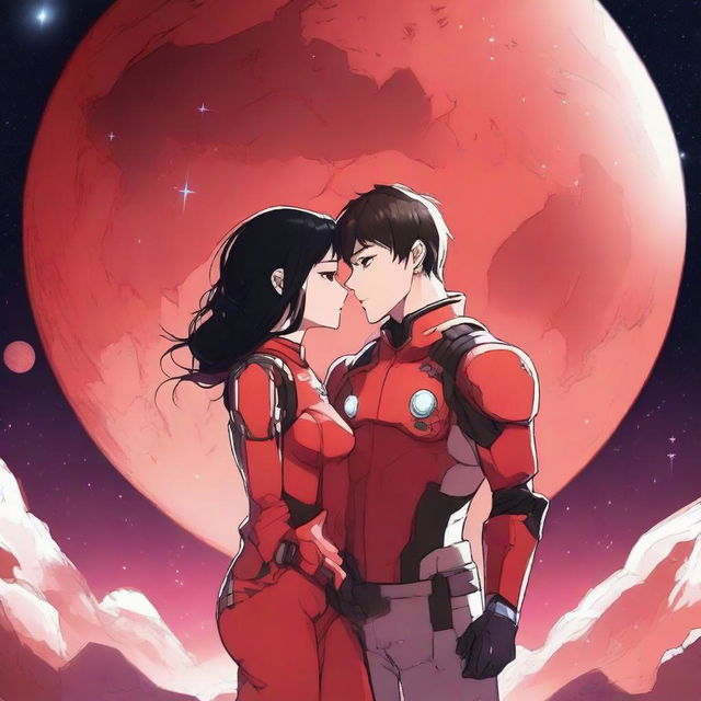 A red moon space sci-fi manhwa romance scene featuring a couple, one human and one alien, under a vibrant red moon