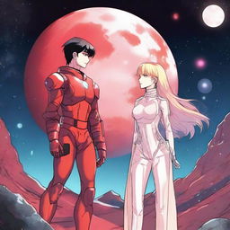 A red moon space sci-fi manhwa romance scene featuring a couple, one human and one alien, under a vibrant red moon