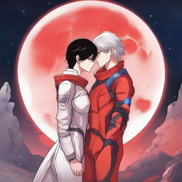 A red moon space sci-fi manhwa romance scene featuring a couple, one human and one alien, under a vibrant red moon