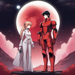 A red moon space sci-fi manhwa romance scene featuring a couple, one human and one alien, under a vibrant red moon