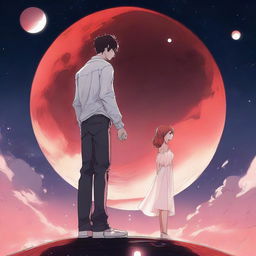 A red moon space sci-fi manhwa romance scene featuring a couple, one human and one alien, standing on a futuristic platform with a giant red moon in the background