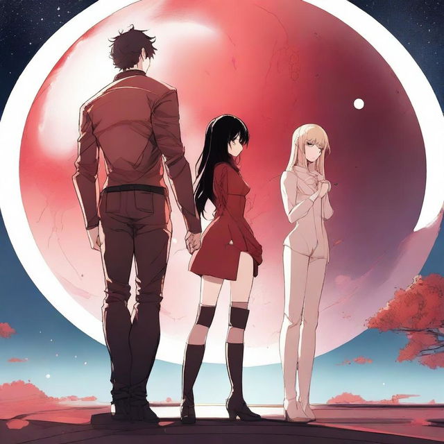 A red moon space sci-fi manhwa romance scene featuring a couple, one human and one alien, standing on a futuristic platform with a giant red moon in the background