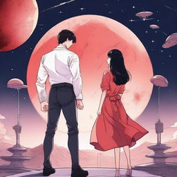 A red moon space sci-fi manhwa romance scene featuring a couple, one human and one alien, standing on a futuristic platform with a giant red moon in the background