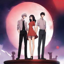 A red moon space sci-fi manhwa romance scene featuring a couple, one human and one alien, standing on a futuristic platform with a giant red moon in the background