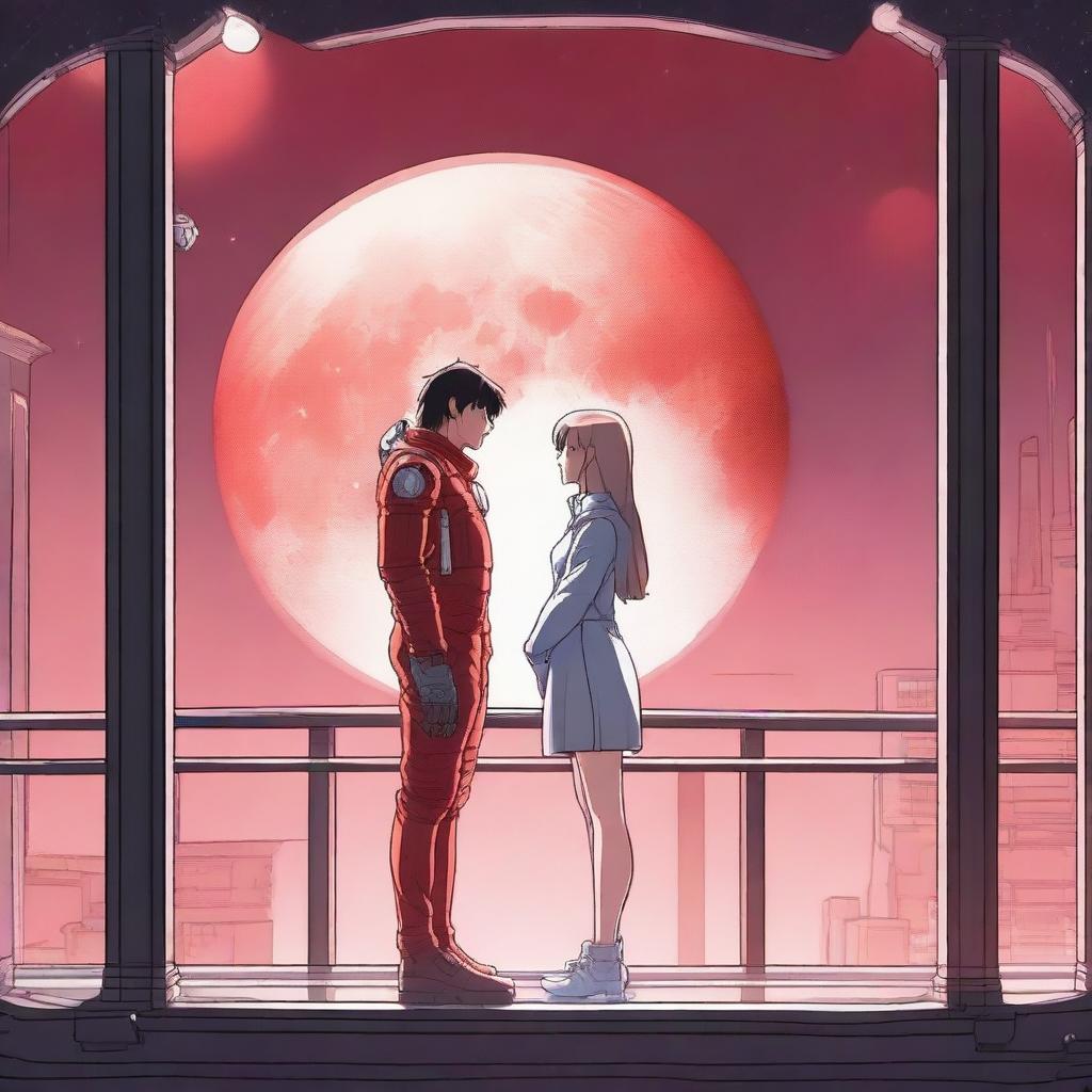 A red moon space sci-fi manhwa romance scene featuring a couple on a futuristic space station balcony