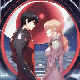 A red moon space sci-fi manhwa romance scene featuring a couple on a futuristic space station balcony