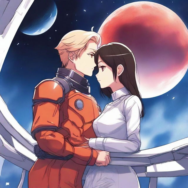 A red moon space sci-fi manhwa romance scene featuring a couple on a futuristic space station balcony