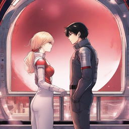 A red moon space sci-fi manhwa romance scene featuring a couple on a futuristic space station balcony