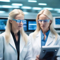 In a futuristic laboratory, a young nerdy genius scientist is seen creating a clone of a beautiful, mature blonde woman