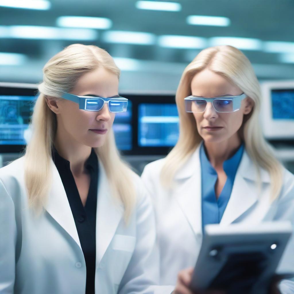 In a futuristic laboratory, a young nerdy genius scientist is seen creating a clone of a beautiful, mature blonde woman