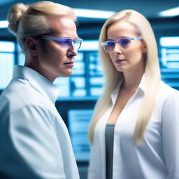 In a futuristic laboratory, a young genius nerd scientist creates a clone of a beautiful, voluptuous, and sexy mature woman with long blonde hair