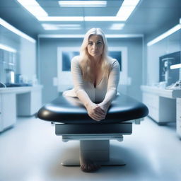 A beautiful, voluptuous, mature blonde woman, around 45 years old, with long hair, lying on a full-body examination table in a futuristic laboratory