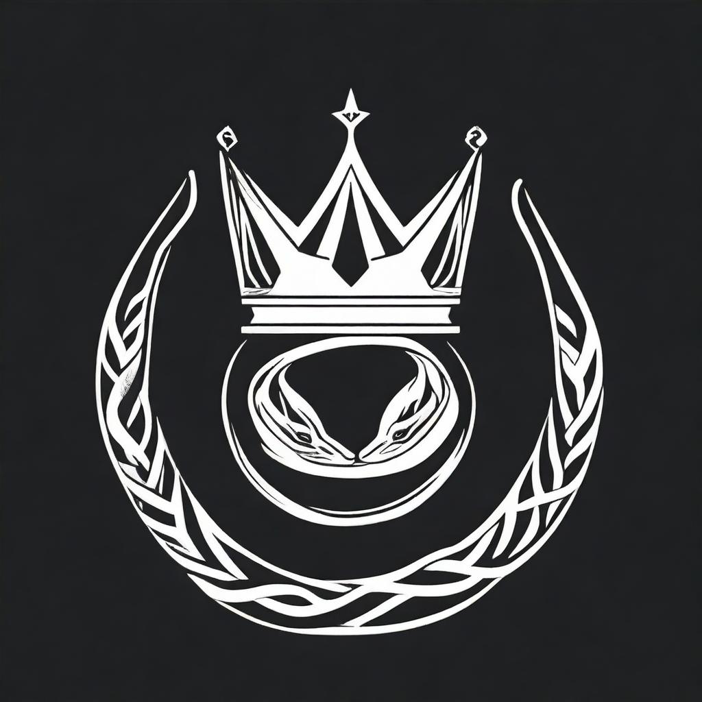 A minimalist, aesthetic image featuring a crown with a snake wrapped around it, drawn in thin lines