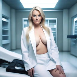 A beautiful and voluptuous mature blonde woman, around 45 years old, with long hair, lying on a full-body bed in a futuristic laboratory