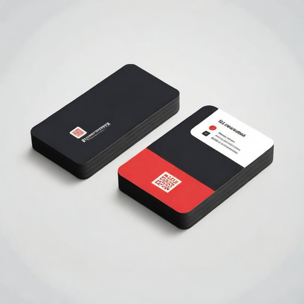 A sleek calling card design in striking black and red. Include a layout for a QR code placement.