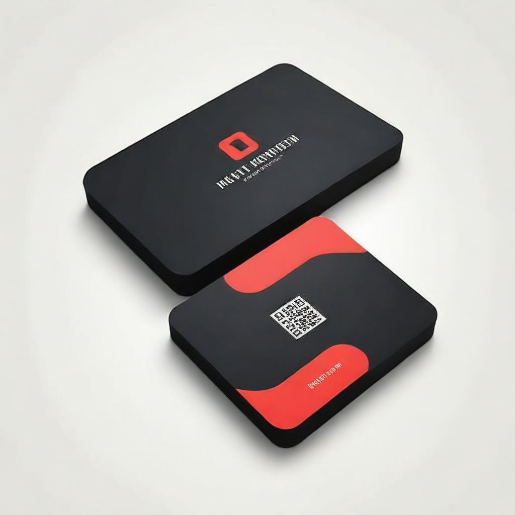 A sleek calling card design in striking black and red. Include a layout for a QR code placement.