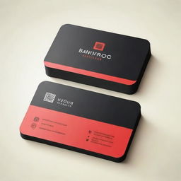 A sleek calling card design in striking black and red. Include a layout for a QR code placement.