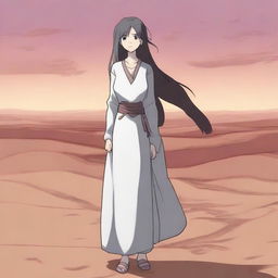 Aliseya stands alone, surrounded by a silver desert in anime style