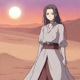 Aliseya stands alone, surrounded by a silver desert in anime style