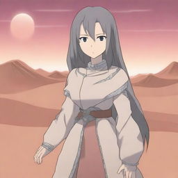 Aliseya stands alone, surrounded by a silver desert in anime style