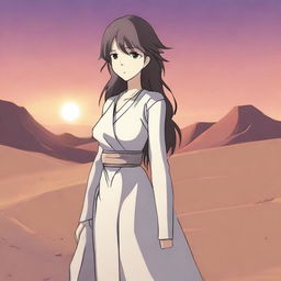 Aliseya stands alone, surrounded by a silver desert in anime style