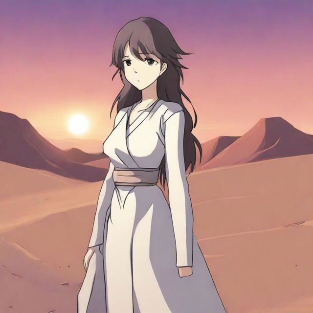 Aliseya stands alone, surrounded by a silver desert in anime style