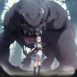 An anime girl in a fantasy setting, showing her in a perilous situation as she is being swallowed by a large creature