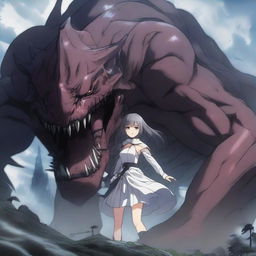 An anime girl in a fantasy setting, showing her in a perilous situation as she is being swallowed by a large creature