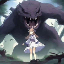 An anime girl in a fantasy setting, showing her in a perilous situation as she is being swallowed by a large creature