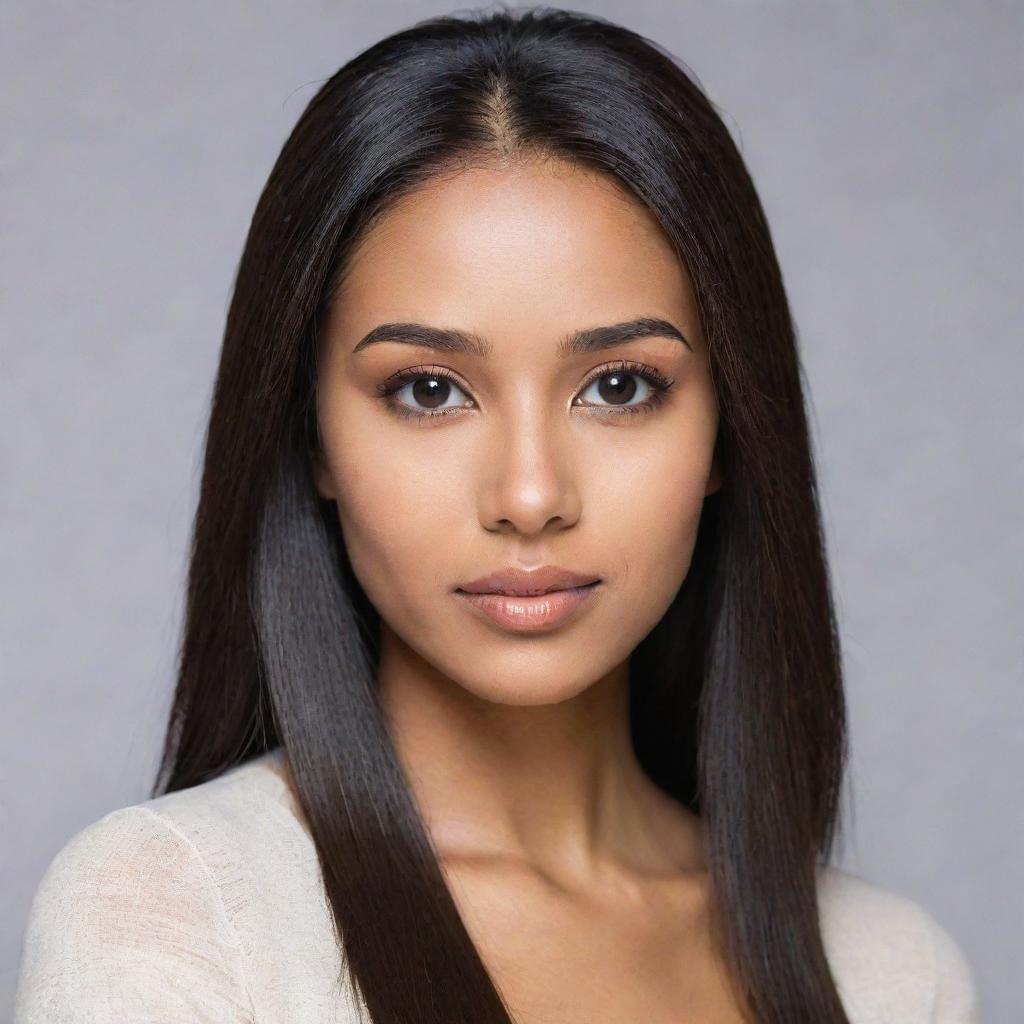 A cute yet mature girl with deep black eyes, sleek straight hair, and light brown skin tone.