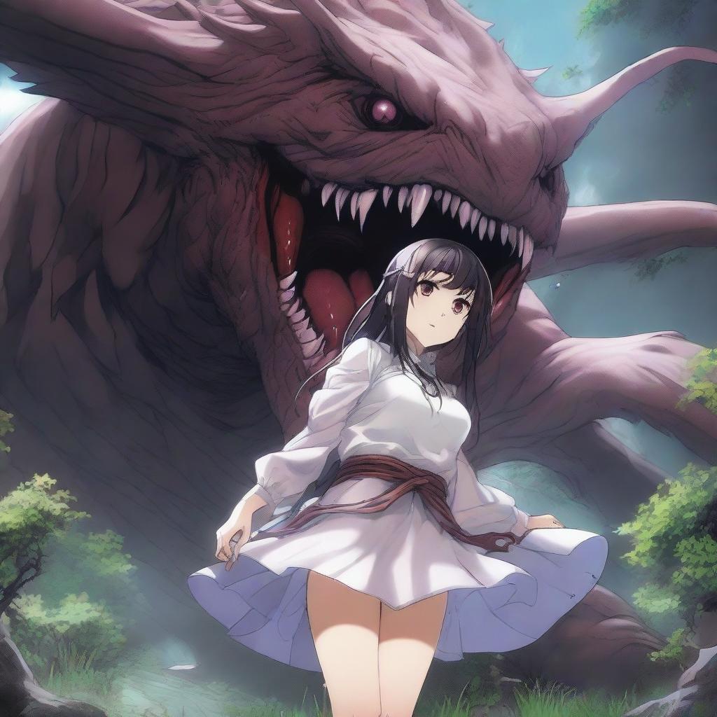 An anime girl in a fantasy setting, showing her in a perilous situation as she is being swallowed by a large creature