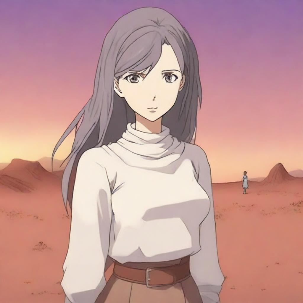 Aliseya stands alone, surrounded by a silver desert in anime style