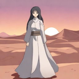 Aliseya stands alone, surrounded by a silver desert in anime style