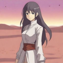 Aliseya stands alone, surrounded by a silver desert in anime style