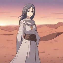 Aliseya stands alone, surrounded by a silver desert in anime style