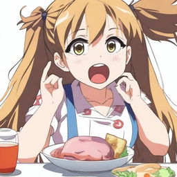 An anime girl in a comedic setting, showing her with an exaggeratedly loud stomach growling as she digests food