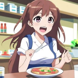 An anime girl in a comedic setting, showing her with an exaggeratedly loud stomach growling as she digests food