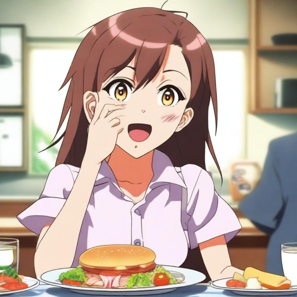 An anime girl in a comedic setting, showing her with an exaggeratedly loud stomach growling as she digests food