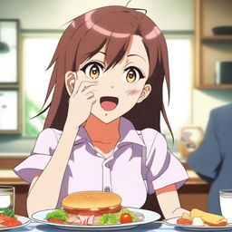 An anime girl in a comedic setting, showing her with an exaggeratedly loud stomach growling as she digests food