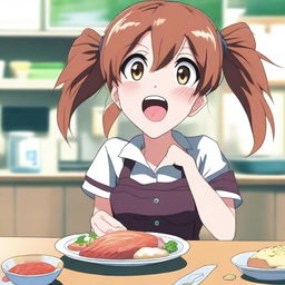 An anime girl in a comedic setting, showing her with an exaggeratedly loud stomach growling as she digests food